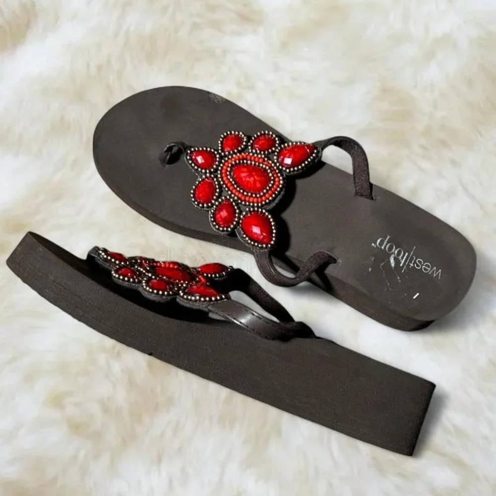 West Loop Wedge Flip Flops Brown Red Embellished Floral Y2K 2000s Size 7/8